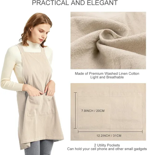 Vista 4 de ELEZAY Delantales para mujer con bolsillos, talla grande, cómodo, espalda cruzada, sin lazo, delantal de lino y algodón Beige