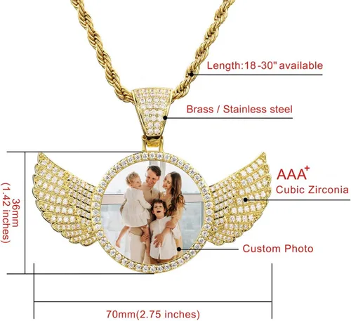 Vista 2 de MeMeDIY Colgante de imagen de memoria de hip hop personalizado para hombres y mujeres, grabado imagentextonombrefecha, foto personalizada, ala