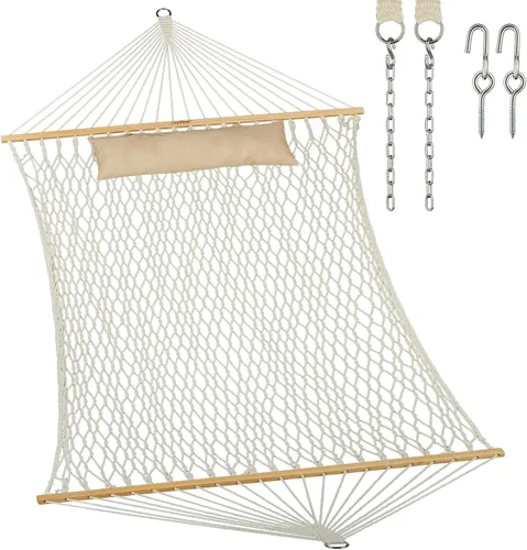 Vista 11 de JoyView Hamaca doble de cuerda tradicional, hamaca de algodón tejida a mano con barra separadora de madera dura y almohada, capacidad de 450 libras