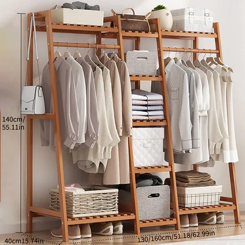 Vista 7 de Perchero de ropa de dormitorio de madera maciza, perchero colgante de doble barra independiente, ahorro de espacio (marrón 63.0 x 15.7 x 55.1 in)