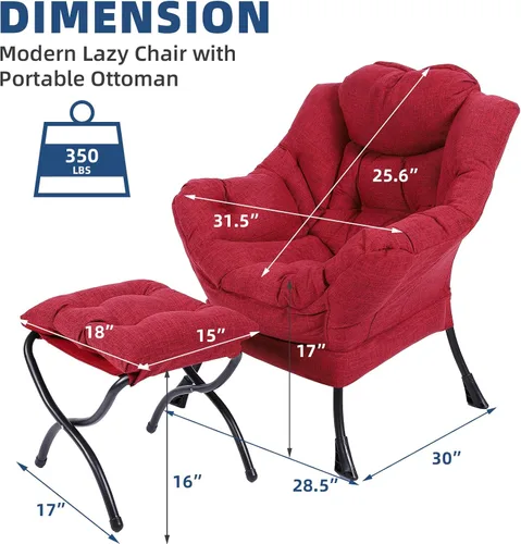 Vista 3 de Silla perezosa moderna con otomana portátil, silla de salón contemporánea con marco de acero, juego de sofá de ocio con reposapiés, reposabrazos