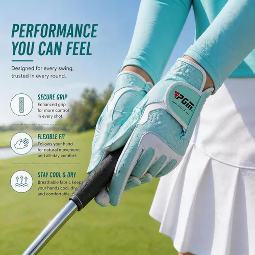 Vista 7 de PGM Guantes de golf para mujer, un par (4 opciones de color), sistema de agarre mejorado, fresco y cómodo Azul