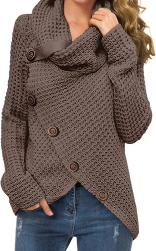 Vista 20 de GRECERELLE - Suéteres de cuello alto con cuello grueso, manga larga, dobladillo asimétrico, sueltos, de punto, para mujer, de otoño, S-2XL 02 negro