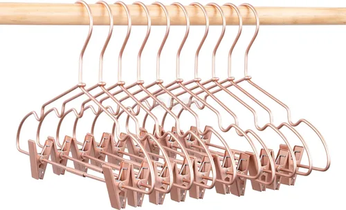 Vista 2 de Perchas de metal para ropa de bebé de 12.5 pulgadas, ganchos de oro rosa, colgador, para niños, pantalones, exhibición, almacenamiento, paquete de 10