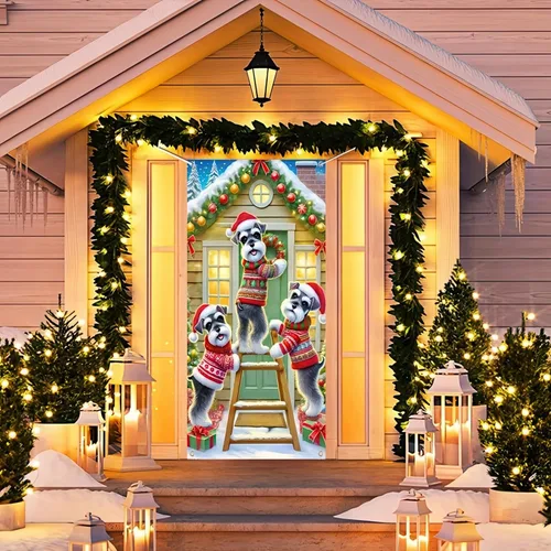 Vista 4 de Cartel de porche con decoración de cachorro de Navidad, trío festivo, Schnauzers en suéteres navideños, perfecto para interiores y exteriores