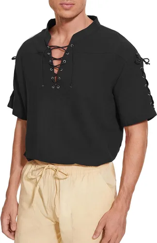Vista 4 de Camisa pirata para hombre renacentista medieval retro steampunk gótico vikingo con cordones camiseta Ren Faire disfraz de Halloween