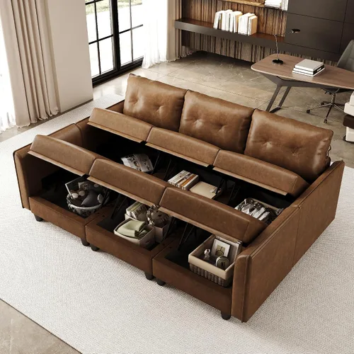 Vista 4 de LLappuil Sofá cama modular modular con almacenamiento, sofás de piel sintética de 6 plazas para sala de estar, color marrón