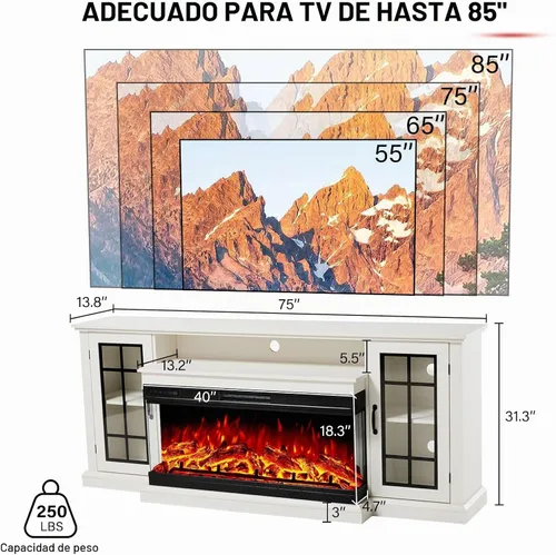 Vista 6 de LUXOAK Soporte de TV con chimenea de 75 pulgadas con chimenea eléctrica de Blanco envejecido