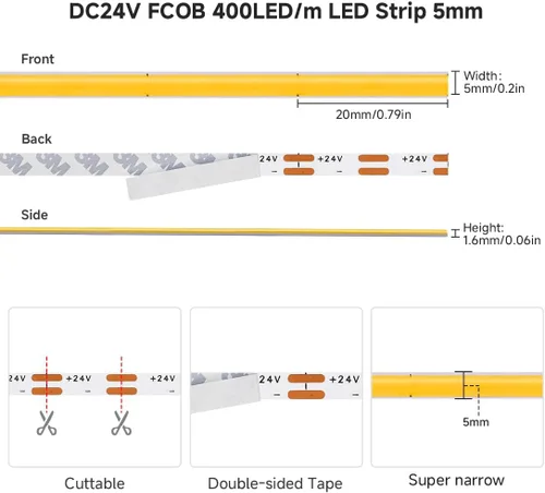 Vista 3 de 5mm COB LED Strip Light DC24V Narrow Thin Flexible High Density Uniform 3000K Warm White Cob Strips 400leds/m 16.4FT Dimmable CRI 90+ LED Tape