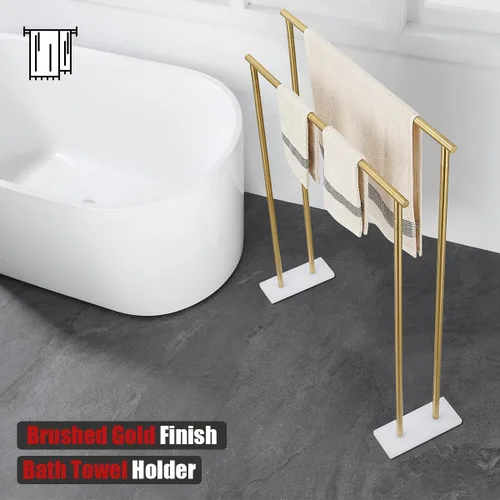 Vista 5 de JQK BTH120L30-WG - Toallero de baño de pie independiente, color dorado, de 30 pulgadas, estante doble para toallas para suelo de baño, dorado