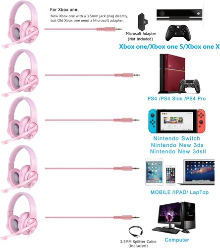 Vista 7 de BlueFire - Audífonos de diadema para juegos de PS4, 3.5 mm, con micrófono y luz LED, compatible con Playstation 4, Xbox One, PC, Rosado