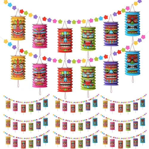 Vista 8 de 2 piezas de decoraciones hawaianas para fiestas de Luau de 10 pies, tiki y flores, pancartas Tiki tropicales para fiestas, decoración tropical Luau