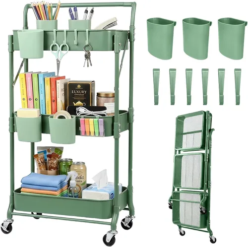 Vista 11 de Carrito plegable de 3 niveles con ruedas, carrito de utilidad plegable organizador, carrito de almacenamiento plegable con 3 tazas colgantes y 6