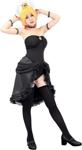 Vista 2 de C-ZOFEK Disfraz de Bowsette para mujer, vestido negro con accesorios