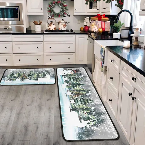 Vista 10 de Juego de 2 alfombras y tapetes de cocina navideños, decoraciones navideñas para el hogar con respaldo antideslizante, alfombra de cocina