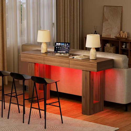 Vista 4 de PAKASEPT - Mesa de consola de 63 pulgadas con luces LED coloridas y 3 cajones, mesa de sofá rectangular de madera detrás del sofá, mesa de entrada