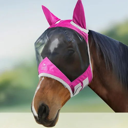Vista 18 de Harrison Howard Máscara de mosca de caballo luminosa profesional estándar con orejas protección UV para caballo, azul y plateado, pequeño poni