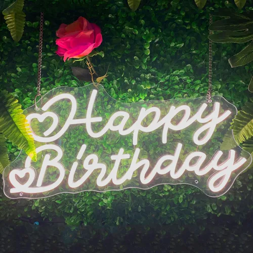Vista 9 de Cartel de neón LED de Feliz Cumpleaños, más grande para decoración de pared con modulador de luz de cadena USB, reutilizable, letrero LED