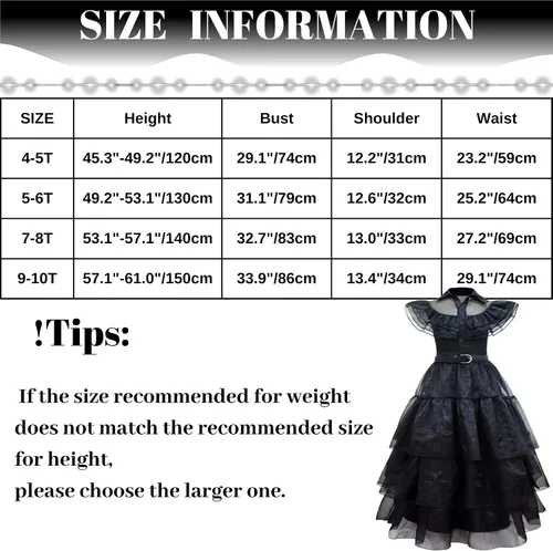 Vista 2 de Vestido Wednesday Addams para niñas, vestido de Merlina para niñas, vestido Wednesday Addams para niños, con peluca de miércoles para niños