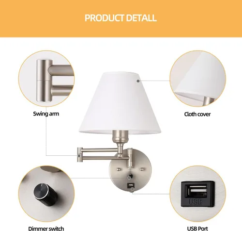 Vista 3 de Apliques de pared con brazo oscilante, lámpara de pared enchufable, lámpara de pared para dormitorio, pantalla de tela blanca, con interruptor Níquel
