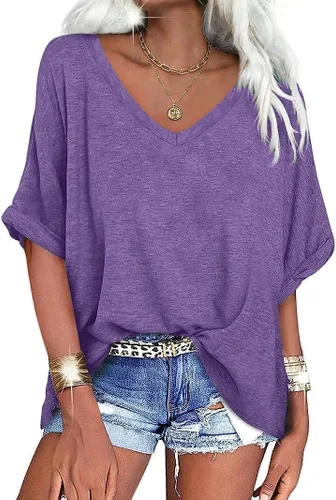 Vista 8 de UNCLECAT Camisetas de gran tamaño con cuello en V para mujer, camisas de manga corta de verano, holgadas, casuales