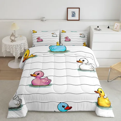 Vista 15 de Erosebridal Juego de ropa de cama a cuadros azul para niños, juego de cama individual con diseño de patos amarillos de dibujos animados, juego