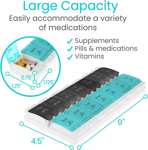 Vista 2 de Vive Organizador de pastillas 2 veces al día – Pastillero semanal grande Am Pm 7 días y noche dispensador de medicamentos para vitaminas