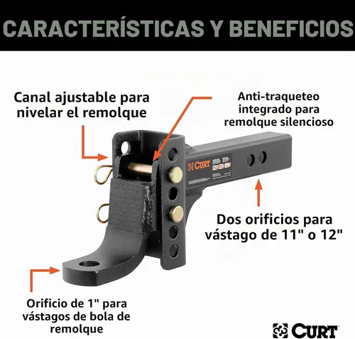Vista 3 de CURT 45901 Soporte de bola de enganche de remolque ajustable, se adapta a receptor de 2 pulgadas, caída de 6-3/4 pulgadas, elevación de 5-1/4