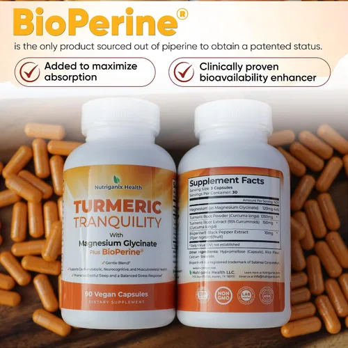 Vista 6 de Curcumina de cúrcuma y glicinato de magnesio con BioPerine - Apoyo para aliviar el estrés, el sueño, la salud cardíaca, los músculos, el metabolismo
