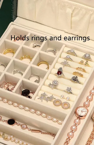 Vista 4 de Organizador de joyero caja de almacenamiento grande de 2 capas caja de joyería de cuero sintético para mujeres para almacenar anillos aretes