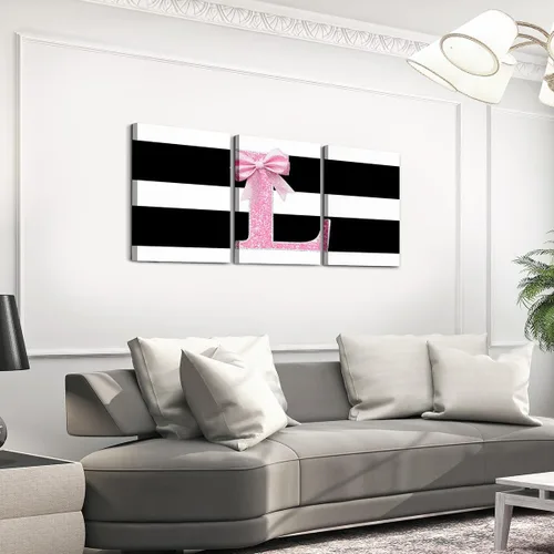 Vista 9 de Erosebridal Lienzo decorativo con monograma de 12 x 16 pulgadas, diseño de letra inicial de lazo rosa, decoración de pared, rayas blancas y negras