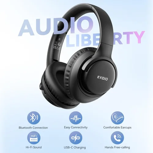 Vista 4 de KVIDIO Auriculares Bluetooth, auriculares inalámbricos con micrófono, tiempo de funcionamiento de 65 horas, auriculares sobre la oreja