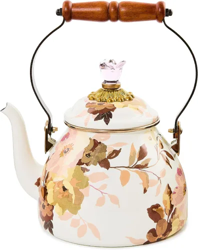Vista 8 de MACKENZIE-CHILDS Tetera de Esmalte, Tetera Bonita para Estufa, 2 Cuartos, Rosa Silvestre Marrón Diseño aplicado a mano, hecho de acero esmaltado