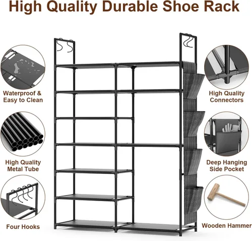 Vista 4 de Kottwca - Zapatero de 7 niveles de metal para entrada y armario, con capacidad para 24-28 pares, estante apilable para zapatos y botas con ganchos