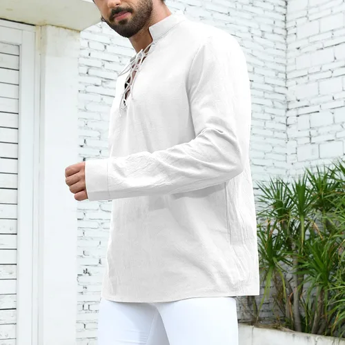 Vista 4 de Camisa medieval renacentista pirata para hombre, manga larga, vikinga, gótica, steampunk, Halloween, cosplay, fiestas