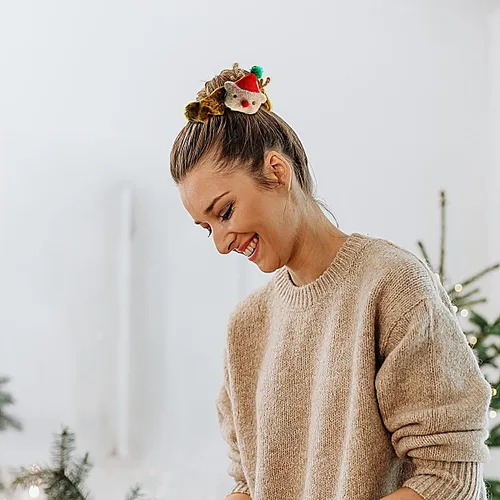 Vista 3 de 3 unidades de coleteros navideños de seda, lazos elásticos navideños con árbol de Navidad, Papá Noel, reno, bandas elásticas suaves para el cabello