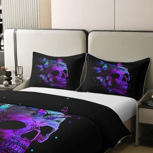 Vista 4 de Erosebridal Juego de funda de edredón 100% algodón con diseño de calavera morada, diseño de mariposa psicodélica retro, funda de edredón gótica