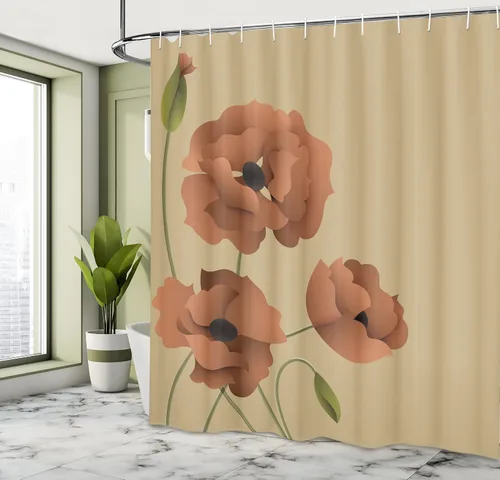 Vista 4 de Ambesonne Cortina de ducha floral, flores de amapola, pétalos vívidos, brotes de pureza pastoral, diseño de madre tierra, naturaleza, juego