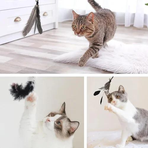 Vista 5 de SONGWAY Juego de juguetes interactivos de plumas para gatos, varita retráctil con 6 recambios de plumas con campana, juguetes de varita para gatos