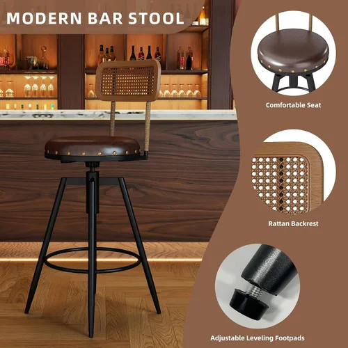 Vista 4 de Taburete de bar giratorio ajustable de 42 pulgadas con respaldo, taburetes rústicos de altura de bar, silla de bar de 360 grados para comedor, isla