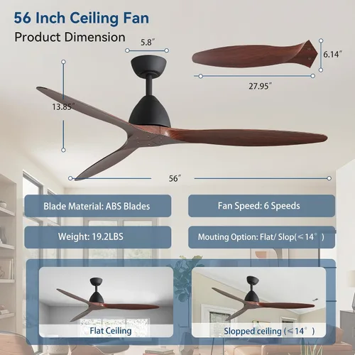 Vista 7 de Ventilador de techo rústico de 56 pulgadas sin luz con control remoto, ventilador rústico de 3 aspas ABS de grano de madera, motor CC reversible