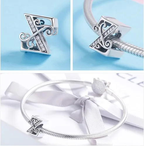 Vista 2 de Lorrifal Alphabet Initial Charms Letter Complete A-Z Letters Solid 925 Sterling Silver Cubic Zircons Beads Dangle Pendants for Pandora European