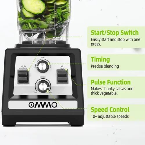 Vista 12 de OMMO Licuadora para batidos: Licuadoras de pico de 1800 W para cocina, jarra sin BPA de 68 onzas, temporizador y control de velocidad, 6 cuchillas
