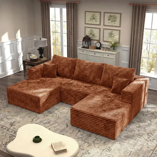 Vista 44 de Sofá modular en forma de L de 118 pulgadas, moderno sofá modular de pana de espuma viscoelástica de 4 plazas con otomana, asiento profundo tapizado