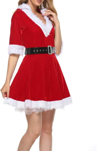 Vista 3 de Luckinbaby Disfraz de Mrs Claus de 2 piezas para mujer vestido de Navidad de manga larga con capucha vestido de Papá Noel para fiesta cosplay traje