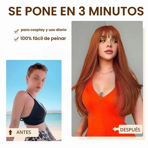 Vista 3 de Pelucas castañas para mujer, peluca larga y recta con flequillo, color marrón rojizo, cosplay, resistente al calor, peluca sintética de cobre rojo