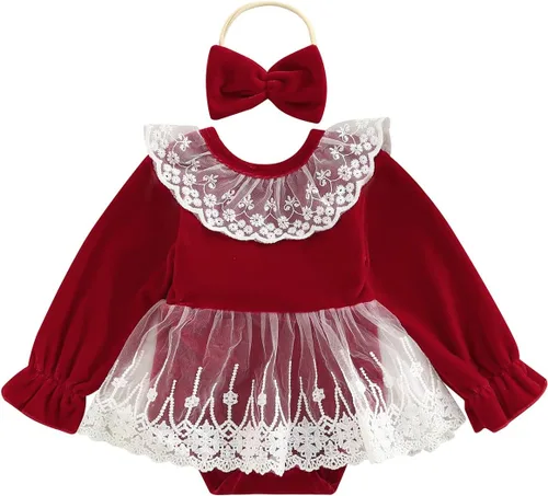 Vista 15 de Mameluco de Navidad para niñas recién nacidas, falda de malla de terciopelo rojo, traje de primera Navidad, regalo de Navidad