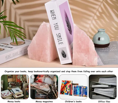 Vista 17 de AMOYSTONE Sujetalibros de cristal de cuarzo rosa para decoración de biblioteca de oficina
