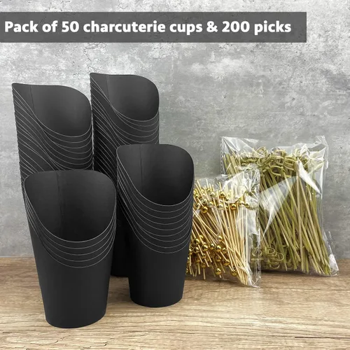 Vista 5 de CAMKYDE [50 vasos + 200 palillos] Vasos desechables para embutidos de 14 oz con palillos (negros)