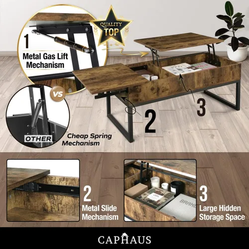 Vista 6 de CAPHAUS Mesa de centro elevable con compartimento oculto y cajón deslizante, mesa elevadora para almacenamiento de sala de estar, 41 pulgadas